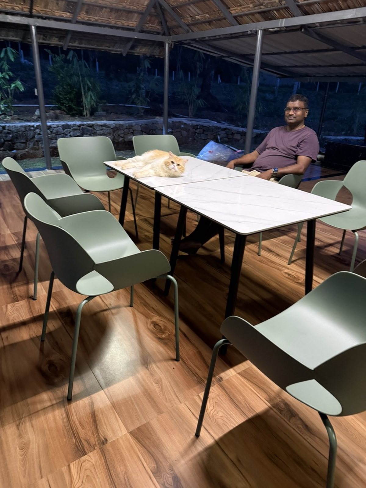 Pinnampuram, the open-air pavilion at dusk, with the long table and Luca on it